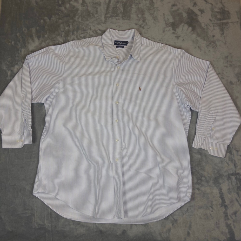 Ralph Lauren Button Down Shirt Mens 17.5 Blue White Striped Oxford Flesh Pony